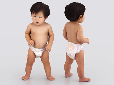 Two Babies Standing In Light Background With Front And Back View Wearing Diapers 3d model