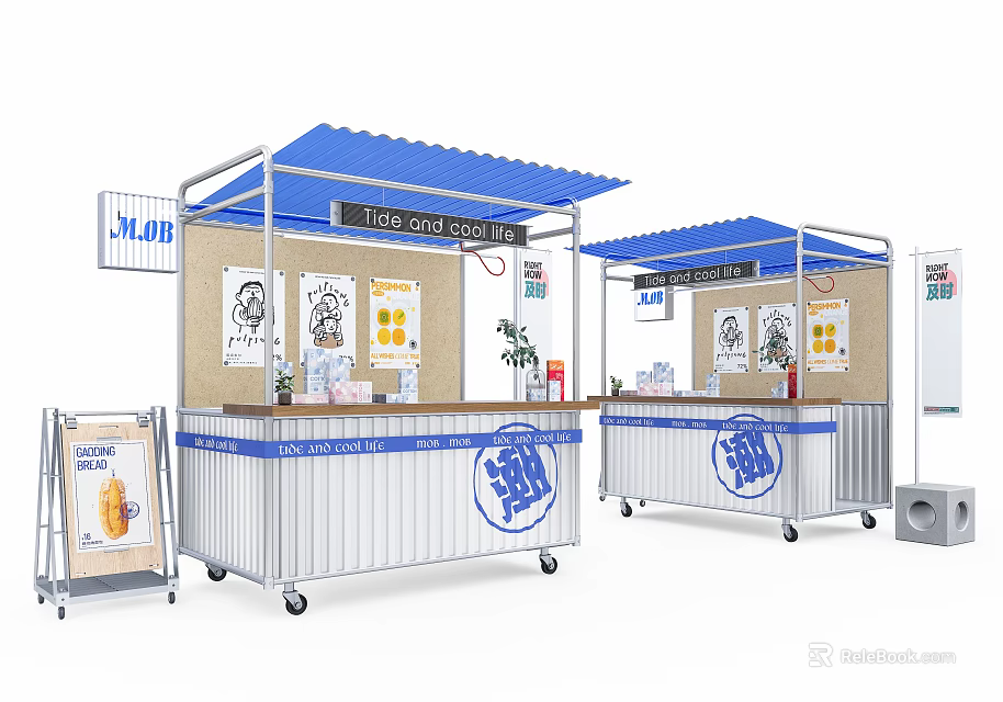 Mobile Commercial Kiosks With Blue Roof White Counter Wheels And Poster 3d model 