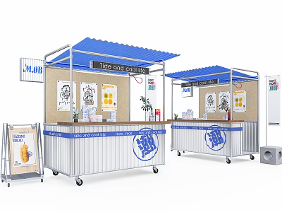 Mobile Commercial Kiosks With Blue Roof White Counter Wheels And Poster 3d model