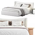 Contemporary Double Bed With Upholstered Frame White Bedding Brown Pillows And Round Side Table 3d model