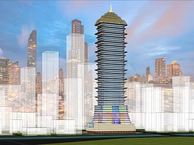 Tall Modern Office Building Featuring Unique Architectural Design Golden Top And City Skyline 3d model
