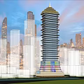 Tall Modern Office Building Featuring Unique Architectural Design Golden Top And City Skyline