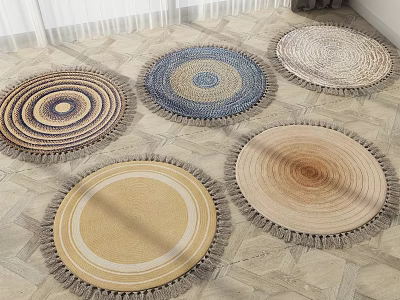 Round Textured Woven Rugs with Tassel Edges in Beige Blue Brown Tones 3d model