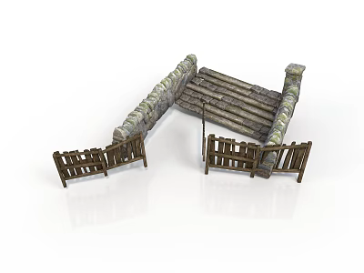 Stone Bridge Design With Wooden Plank Deck Stone Masonry Piers And Wooden Fence Gates 3d model
