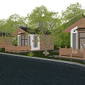 Chinese Style Detached Villa With Wooden Balcony Green Trees Waterfront And Warm Lighting