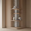 Elegant Decorative Cabinet With Layered Shelves Textured Column Lighting And Books