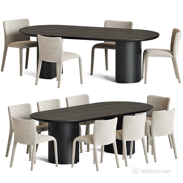 Modern Oval Dining Table With Black Legs And Light Upholstered Chairs Set 3d model 