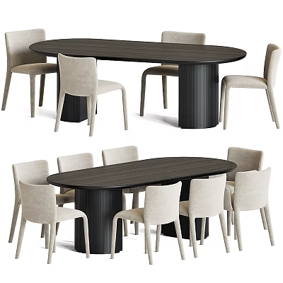 Modern Oval Dining Table With Black Legs And Light Upholstered Chairs Set 3d model
