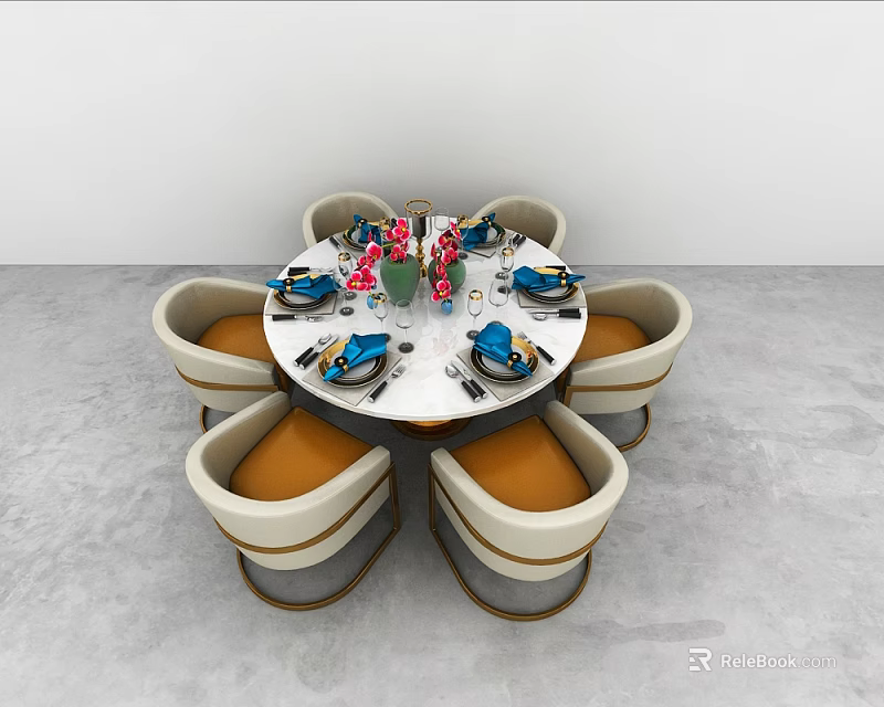 Round Dining Table Set With Six Beige Chairs Golden Frames And Tableware 3d model