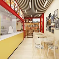 Vibrant Restaurant Interior With Red Walls Yellow Accents Display Cases And Open Dining Space