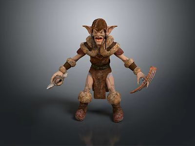 Game Character Goblin Like Creature With Fierce Expression Leather Outfit Holding Weapons 3d model