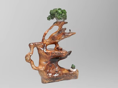 Natural Wood Root Sculpture Carving With Green Decorative Elements For Home 3d model