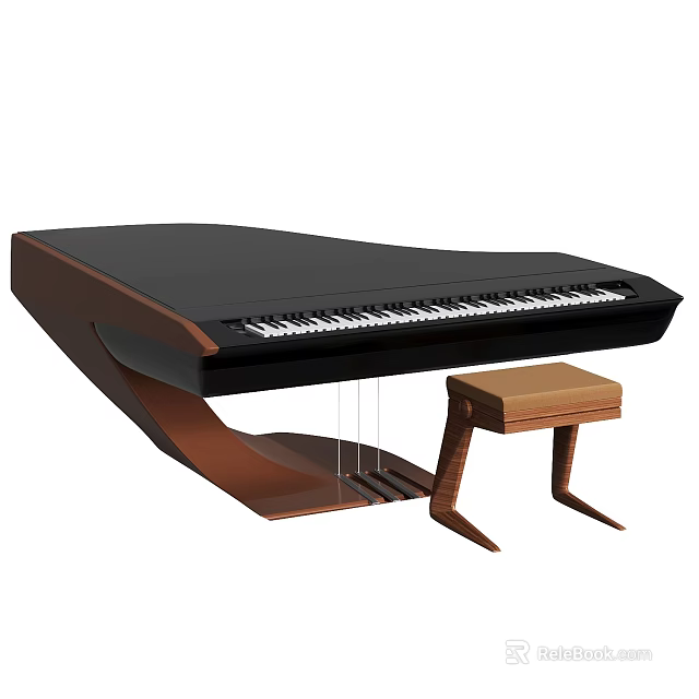 Instruments and Art Supplies Featuring Chic Black Piano with Wooden Frame and Stool 3d model 