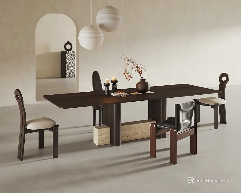 Stylish Dark Wood Dining Table Set with Four Chairs Vase Candles and White Pendant Lights 3d model 