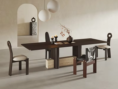 Stylish Dark Wood Dining Table Set with Four Chairs Vase Candles and White Pendant Lights 3d model
