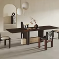 Stylish Dark Wood Dining Table Set with Four Chairs Vase Candles and White Pendant Lights