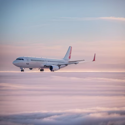 Modern White Passenger Jet Flying Over Clouds in Sunset Sky 3d model