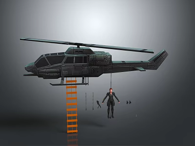 Military Helicopter With Orange Ladder And Hanging Figure 3d model