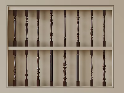 Decorative Wooden Balusters With Various Intricate Designs Displayed On Two Shelves 3d model