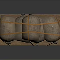 Stacked Brown Sacks Tightly Secured With Ropes On Wooden Pallet