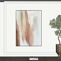 Abstract Painting With Brown Beige Brushstrokes Green Floor Lamp And Potted Tree In Woven Basket