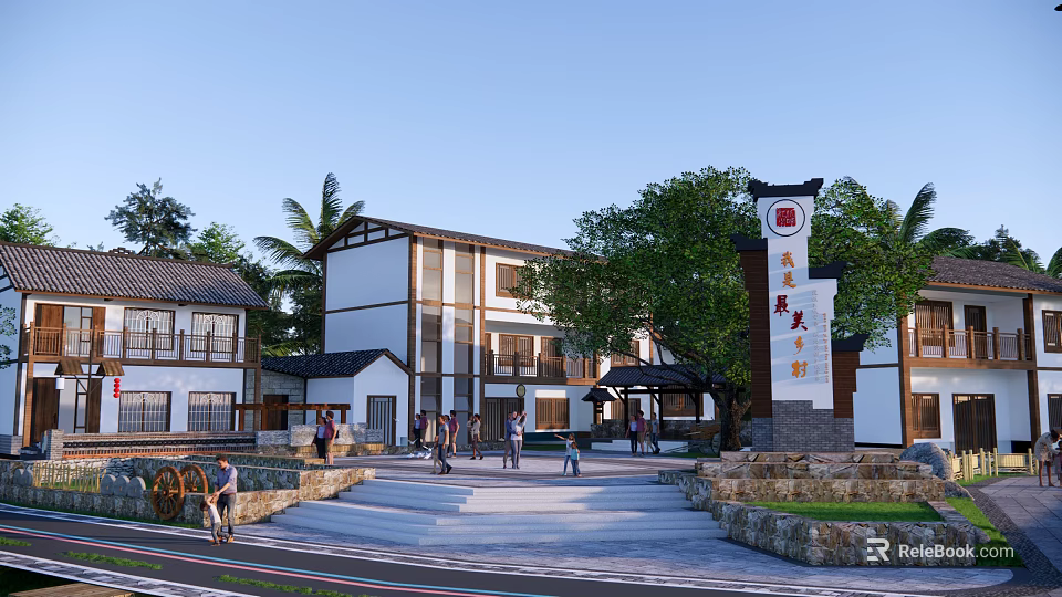 Traditional Chinese Architecture Area With White Walls Black Tiles Trees And People Walking 3d model 