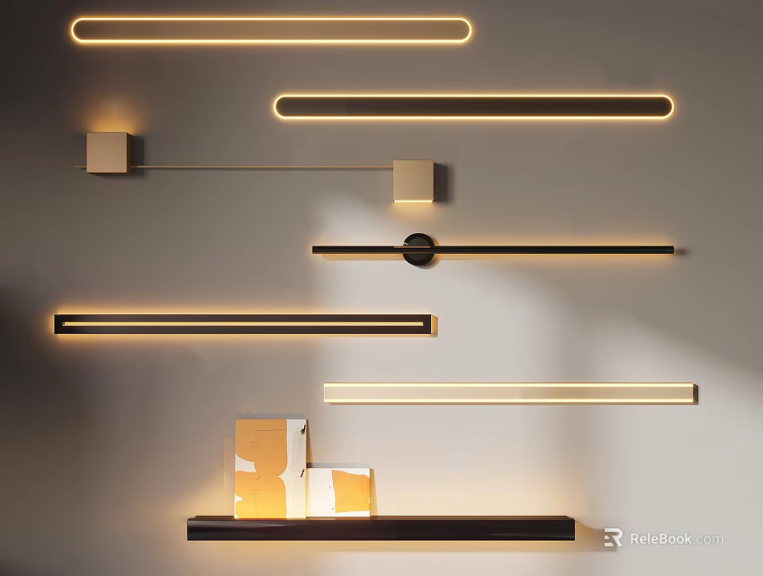 Modern Wall Lights With Long Strip Metal Frames And Warm Lighting On White Wall 3d model