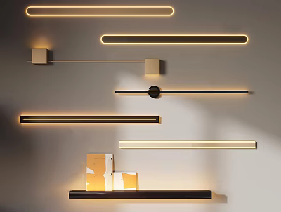 Modern Wall Lights With Long Strip Metal Frames And Warm Lighting On White Wall 3d model
