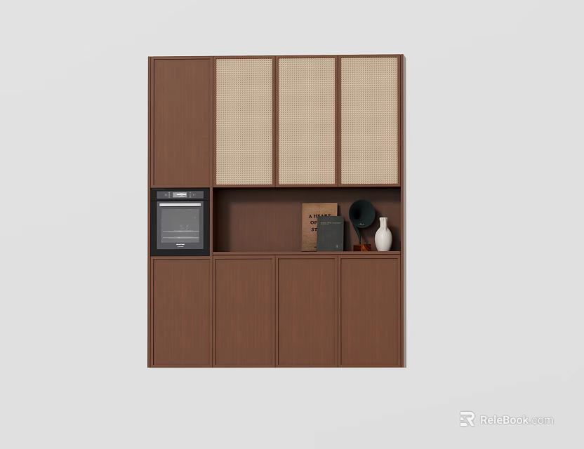 Modern Brown Kitchen Cabinet With Lattice Doors Oven And Decorative Items 3d model 
