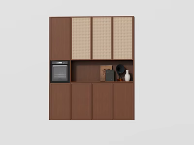 Modern Brown Kitchen Cabinet With Lattice Doors Oven And Decorative Items 3d model