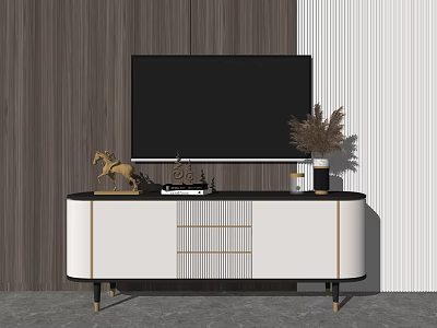 Elegant Modern TV Stand With White Black Finish Gold Legs And Decorative Accents 3d model