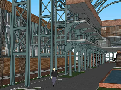 Commercial Complex with Steel Structure Red Brick Facade and Multi Level Walkways 3d model