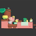 Pink Cartoon Animal Relaxing In Bathtub With Green Plant Yellow Candles Cup And Book