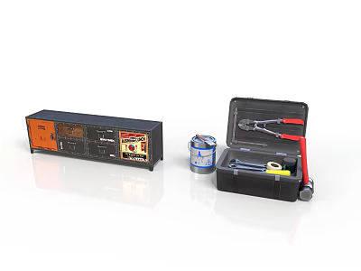 Essential Equipment And Open Toolbox With Pliers Hammer Tape Measure And Can 3d model