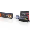 Essential Equipment And Open Toolbox With Pliers Hammer Tape Measure And Can