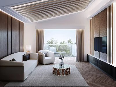 Modern Elegant Living Room Interior With Beige Sofa Accent Chair Round Coffee Table And Slatted Ceiling 3d model