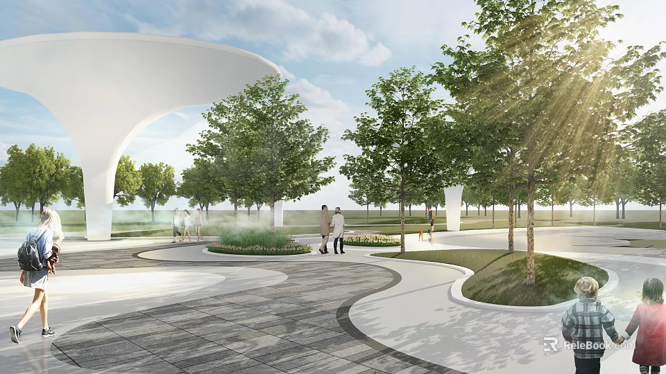 Contemporary Pergola Design In Urban Park With Green Trees And Walking Paths 3d model 