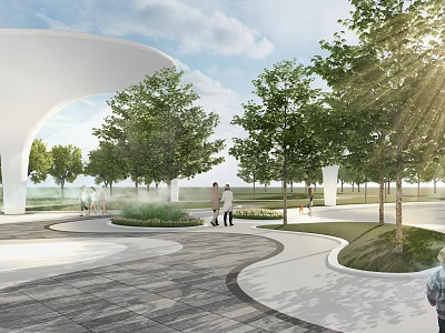 Contemporary Pergola Design In Urban Park With Green Trees And Walking Paths 3d model