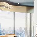 Artistic Sculpture in Modern Interior With Curved Wooden Bench Large Windows And City View