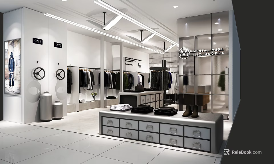 Modern Clothing Store Interior With Racks Mirrors Display Tables Folded Clothes And Ceiling Lights 3d model 