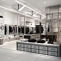 Modern Clothing Store Interior With Racks Mirrors Display Tables Folded Clothes And Ceiling Lights