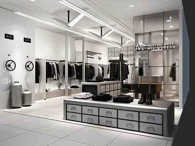 Modern Clothing Store Interior With Racks Mirrors Display Tables Folded Clothes And Ceiling Lights 3d model