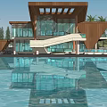 Modern Cultural Center Building With Wooden Roof Glass Curtain Walls And Water Reflections