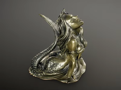 Elegant Bronze Mermaid Sculpture Detailed Carving Looking Upward Artistic Decorative Ornament 3d model