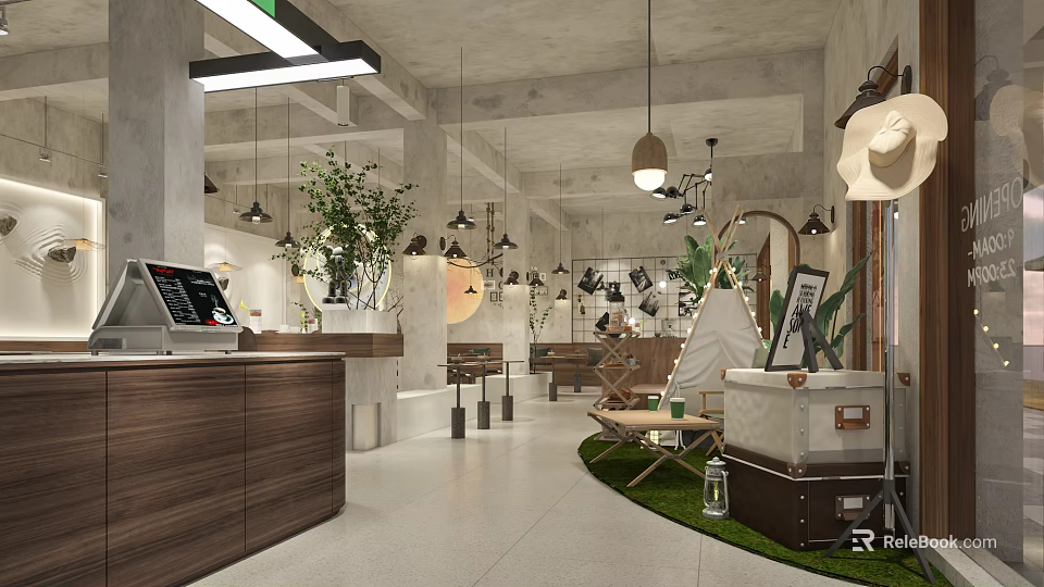 Modern Industrial Café Interior With Wooden Counter Green Plants And Pendant Lights 3d model 