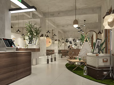 Modern Industrial Café Interior With Wooden Counter Green Plants And Pendant Lights 3d model