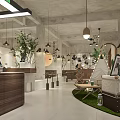 Modern Industrial Café Interior With Wooden Counter Green Plants And Pendant Lights