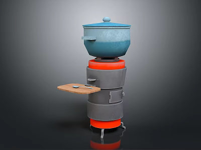 Household Multi Layered Stove With Blue Pot Lid And Wooden Tray 3d model