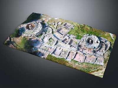 Aerial View of Ancient Historical Ruins with Circular Structures Stone Walls and Grass Areas 3d model