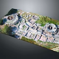 Aerial View of Ancient Historical Ruins with Circular Structures Stone Walls and Grass Areas